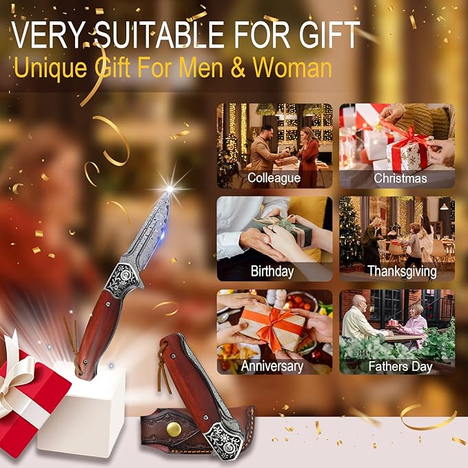KOMWERO Damascus Pocket Knife, VG10 Damascus Steel Folding Knife with Wood Handle, Leather Sheath