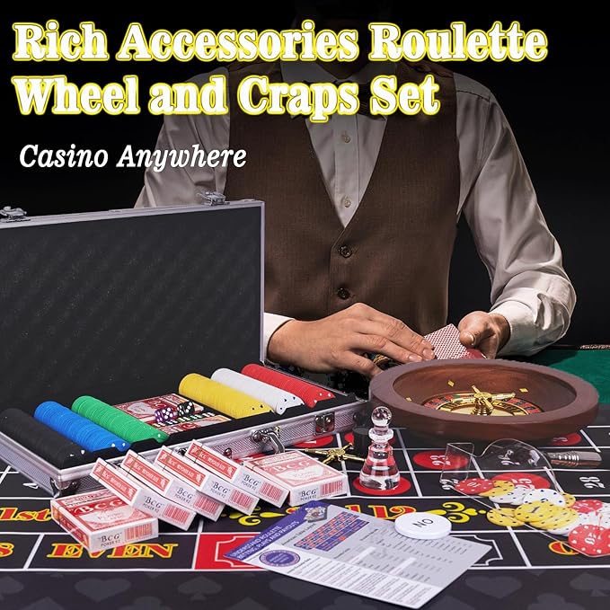 5 in 1 Super Casino Game Set: Blackjack/Texas Hold'em/Roulette/Craps/Poker Kit, 10" Wooden Roulette