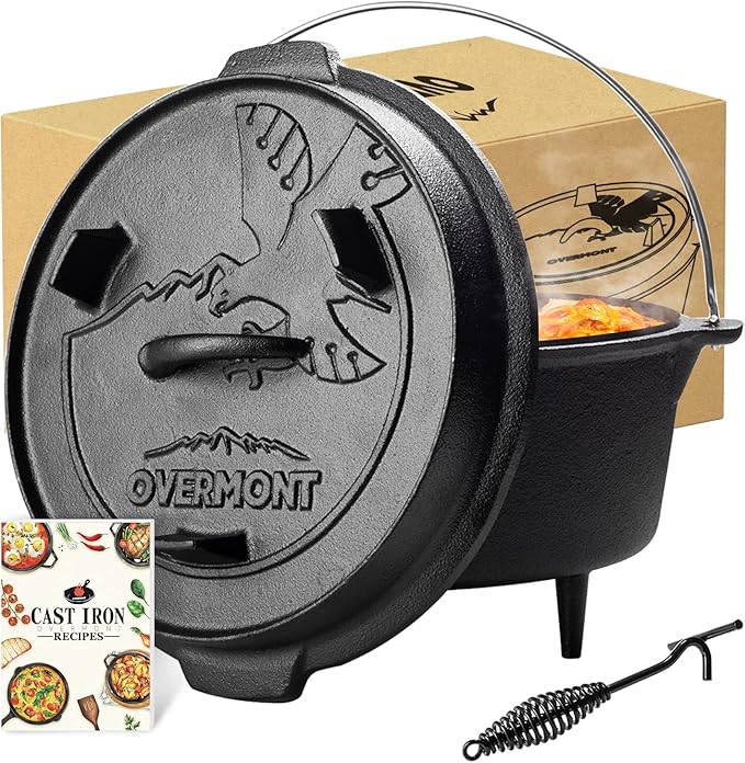 Overmont Camp Dutch Oven Pre Seasoned Cast Iron Lid Also a Skillet Casserole Pot with Lid Lifter