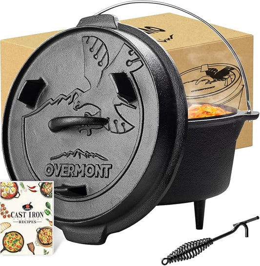 Overmont Camp Dutch Oven Pre Seasoned Cast Iron Lid Also a Skillet Casserole Pot with Lid Lifter