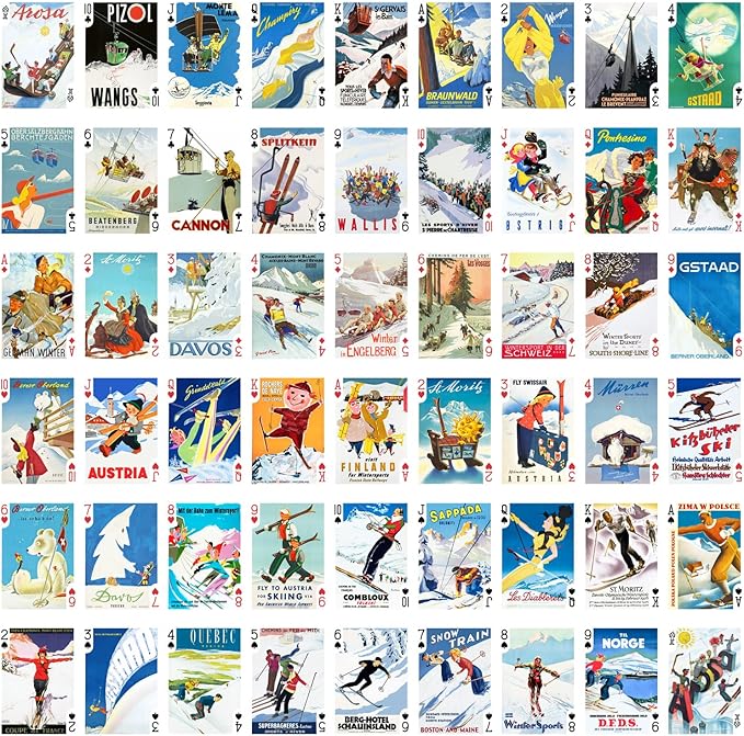 Winter Sport Playing Cards (Poker Deck 54 Cards All Different) Vintage European Travel Posters