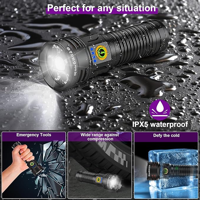 2-in-1 365nm UV Flashlight & High Lumens LED Flashlight, 7 Modes Rechargeable, 18H Runtime, IPX5