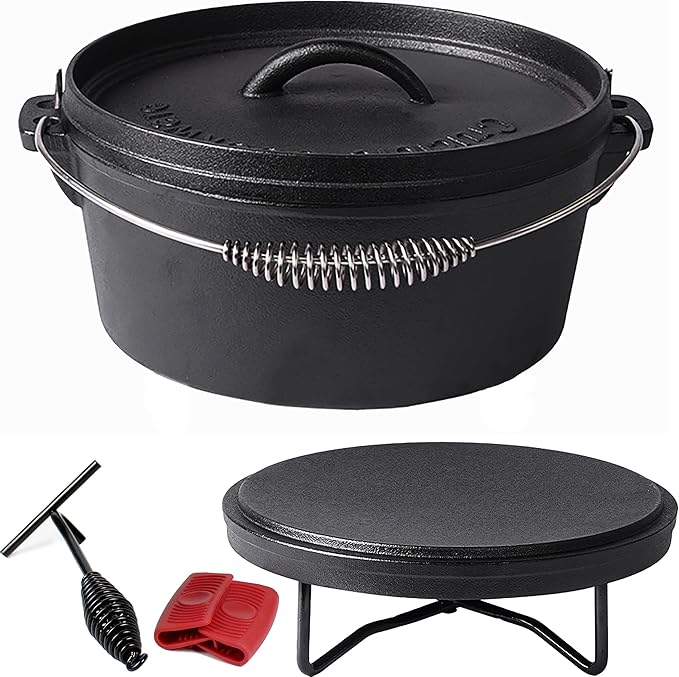 Pre-Seasoned Cast Iron Camp Dutch Oven, 4.1 qt, including Lid Lifter, Lid Stand and Silicone Handle