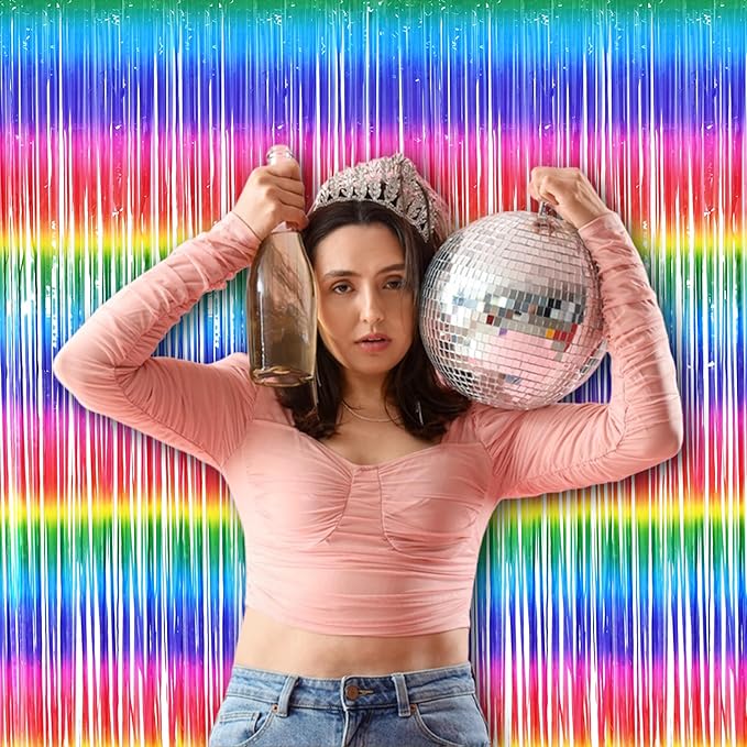 BRAVESHINE Fringe Backdrop Tinsel Foil Curtains - 2 Pack Colorful Metallic Streamers Backdrops for