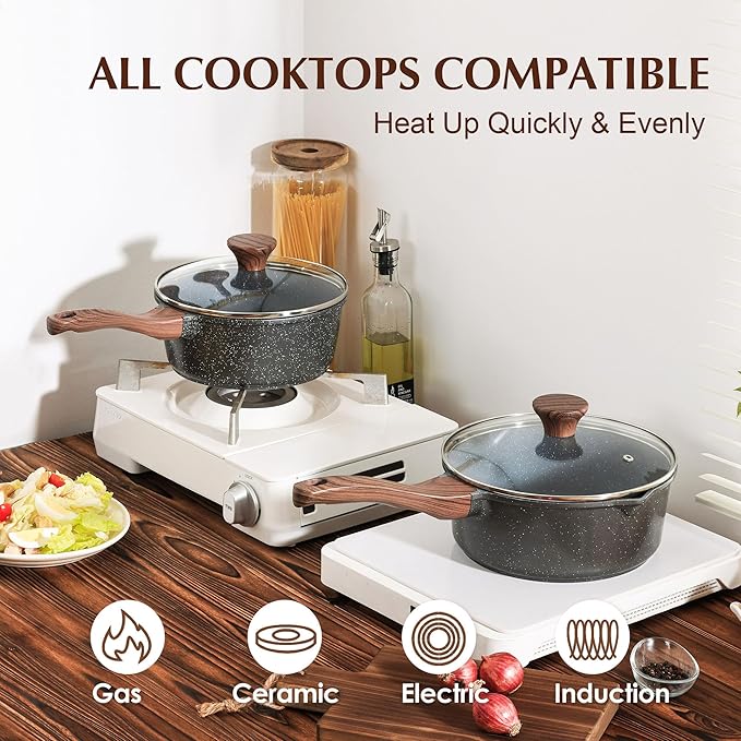 SENSARTE Nonstick Saucepan with Lid, 2.0 Quarts Small Pot with Swiss Granite Coating, Stay-cool