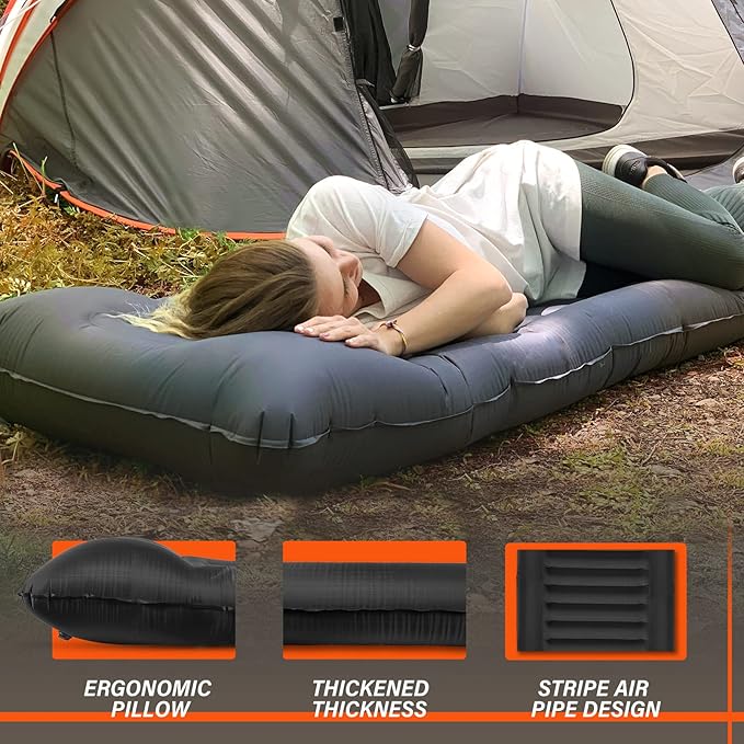 TOBTOS Inflatable Camping Sleeping Pad with Pillow, Thick 6 Inch Ultralight Sleeping Pad with