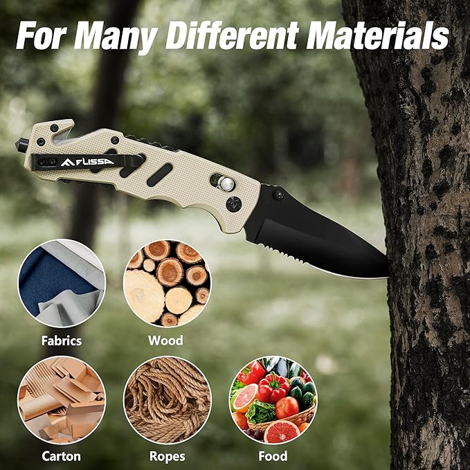 FLISSA Folding Pocket Knife with Clip, Glass Breaker and Seatbelt Cutter, Survival Knife for