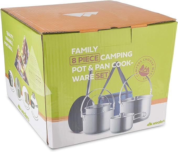 Camping Cookware Set 304 Stainless Steel 8-Piece Pots & Pans Open Fire Cooking Kit | Frying Pan