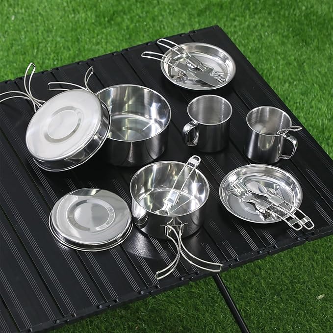 14 Piece Camp Cooking Set, Stainless Steel Camping Cookware with Pot and Pan Kit 2 Set Stainless