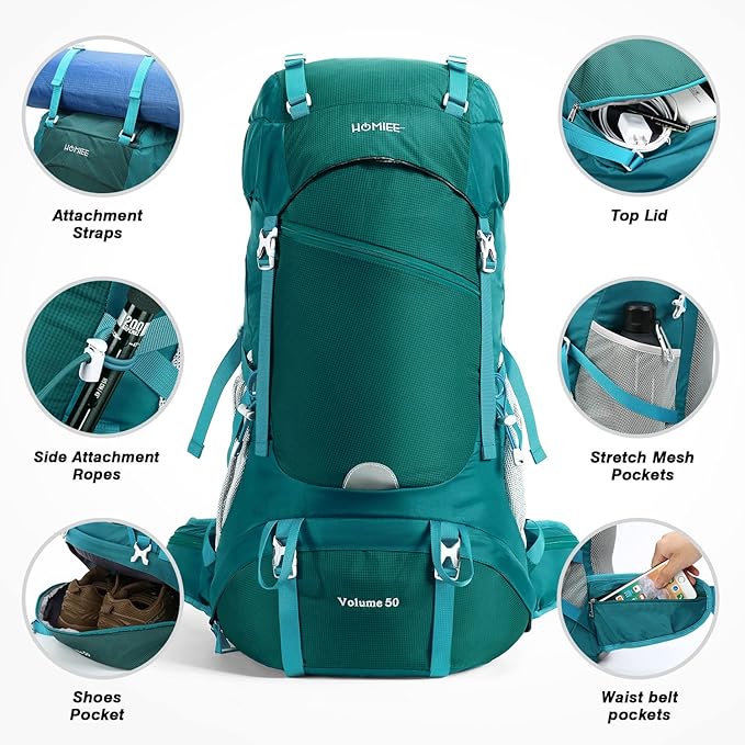 HOMIEE 50L Hiking Backpack Travel Bag Waterproof Camping Rucksack with Rain Cover Lightweight