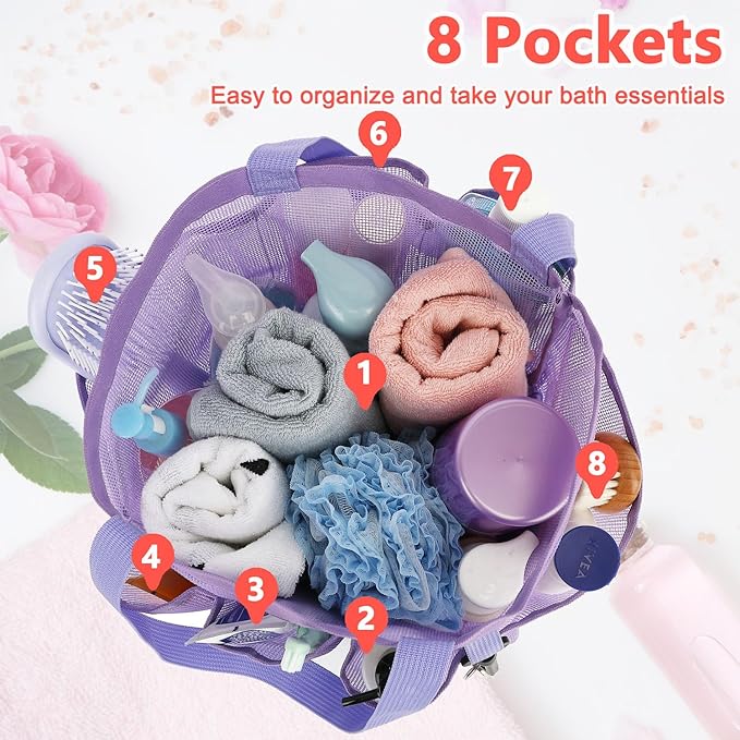 Mesh Shower Caddy Portable for College Dorm Room Essentials, 8-Pocket Large Shower Basket Tote Bag