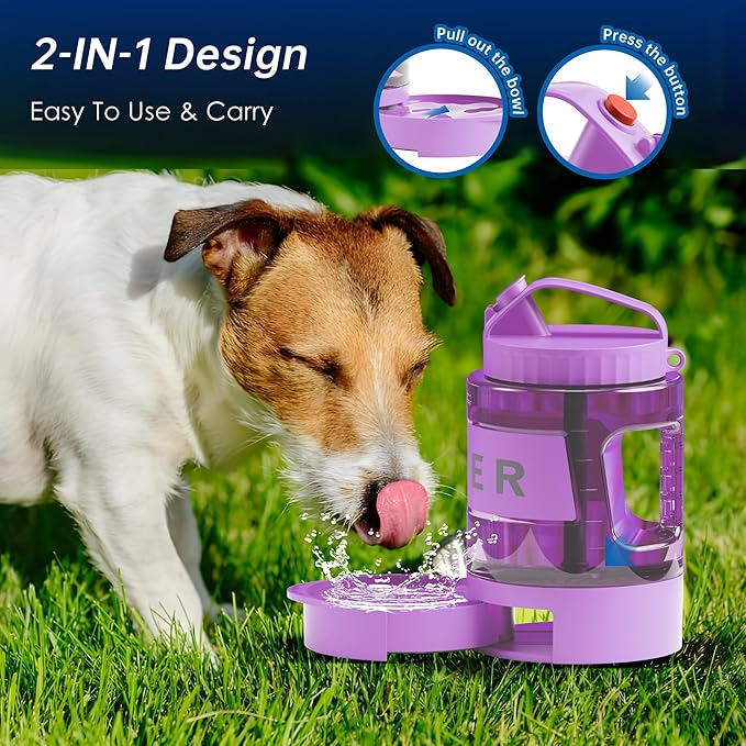 77oz Dog Water Bottle with Dispenser Bowl, 2200ml Capacity, Purple, Portable Pet Travel Bottle with
