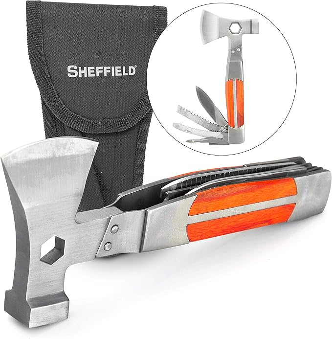 Sheffield 12301 Axe Multi Tool, 12-in-1 Camping Knives & Tools, Utility Tool Double Axe Head