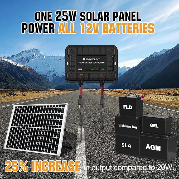 ECO-WORTHY 25W 12V Solar Battery Trickle Charger Maintainer, Waterproof Solar Panel + Adjustable