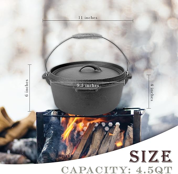 Cuisiland 4.5QT Cast Iron Dutch Oven with Lip Lid & Bail Handle – Pre-Seasoned Camping Pot for