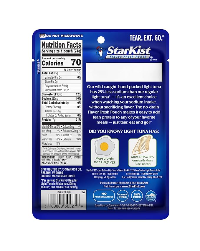 StarKist Reduced Sodium Chunk Light Tuna in Water, 2.6 oz Pouch (24 Pack) Ready to Eat Wild Caught