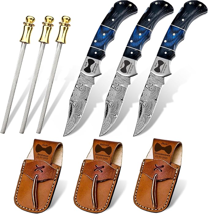 Set of 3 - Personalized Damascus Pocket Knife for Groomsmen -With Leather Sheaths - Custom Engraved
