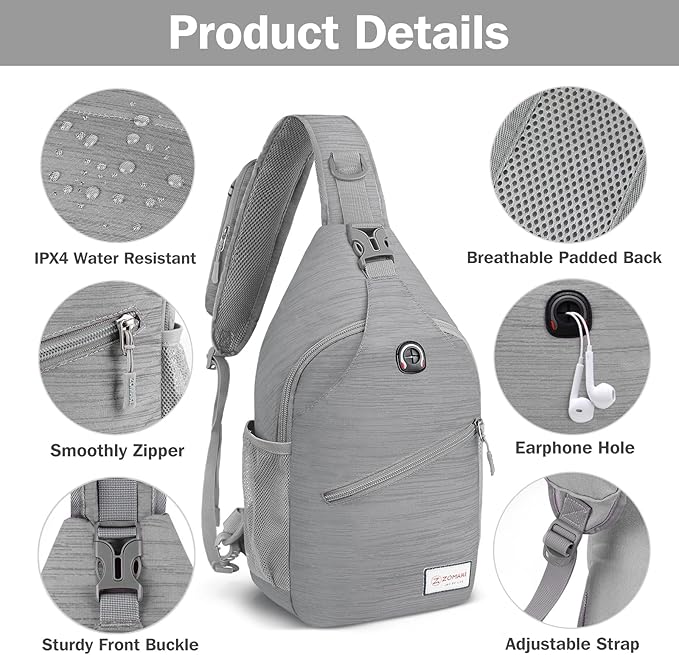 ZOMAKE Sling Bag,Small Crossbody Sling Backpack,Water Resistant Shoulder Daypack for Travel,Anti