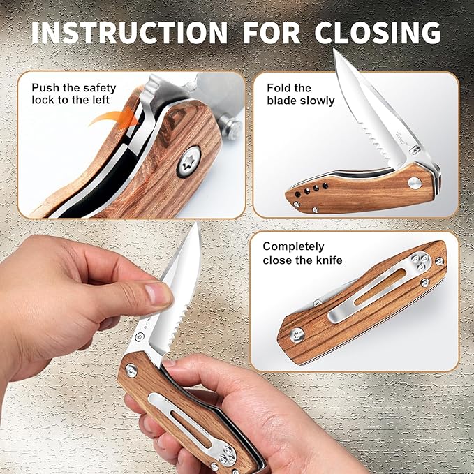 Vickay Folding Pocket Knife for Men & Women, 2.95" 8Cr13MoV Half-Serrated Steel Blade, Wood Hanlde