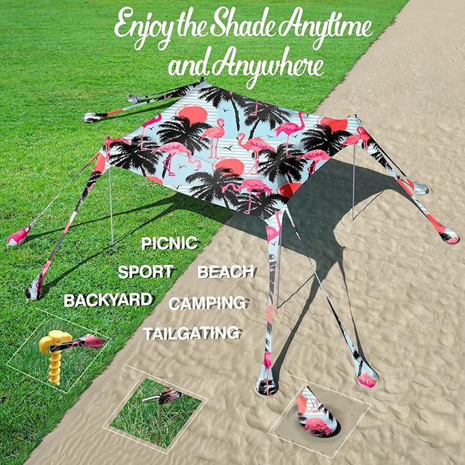 Rhino Valley Beach Tent Shade Canopy UPF50+ Protection, 8 Sandbags, 4 Stability Poles, Outdoor Sun