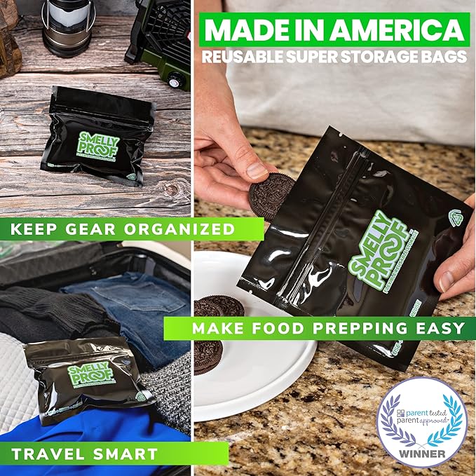 10pk 4-MIL Thick HEAVY DUTY Smelly Proof Reusable Bags Black, USA-Made, Reusable Food Storage Bags