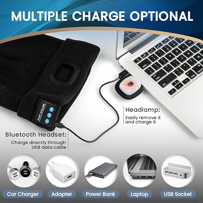 VIBELITE Bluetooth Beanie Hat with Light, USB Rechargeable LED Headlamp with Wireless Headphones