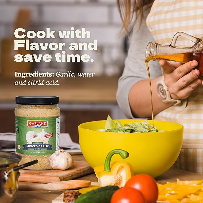 Garland Food Minced Garlic in Water 32 oz ??Made in the USA - Minced Garlic in Jar for Fresh
