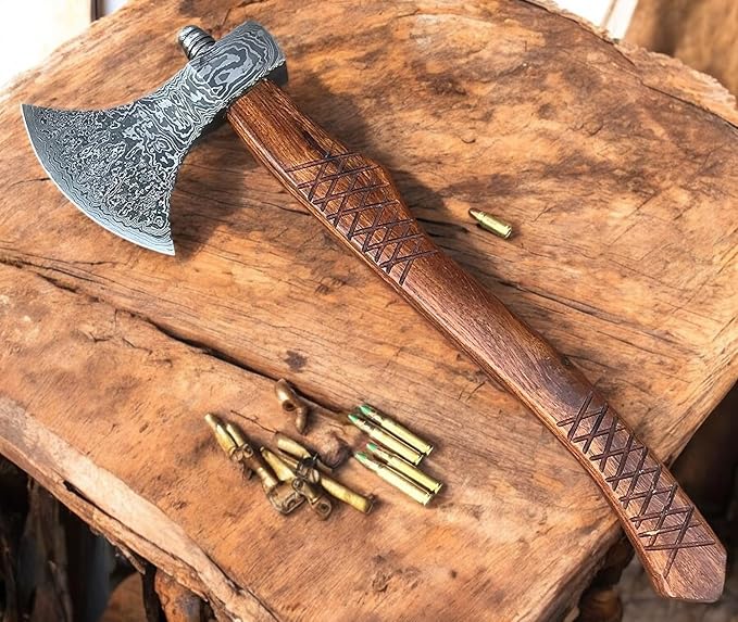 AX-7000 Custom Gift Forged Damascus Steel Vintage Axe with Rose Wood Shaft, Viking Bearded Camping