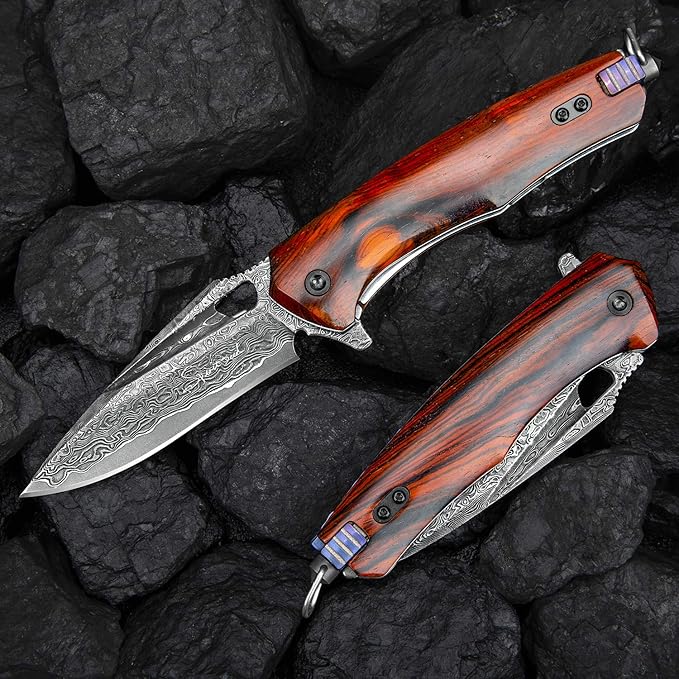 Damascus steel multifunctional EDC folding knife with self assembling pocket clip, lining lock