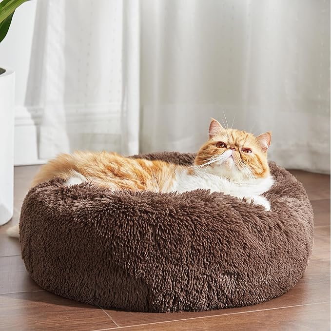 Bedsure Calming Cat Beds for Indoor Cats - Small Cat Bed Washable 20 inches, Anti-Slip Round Fluffy