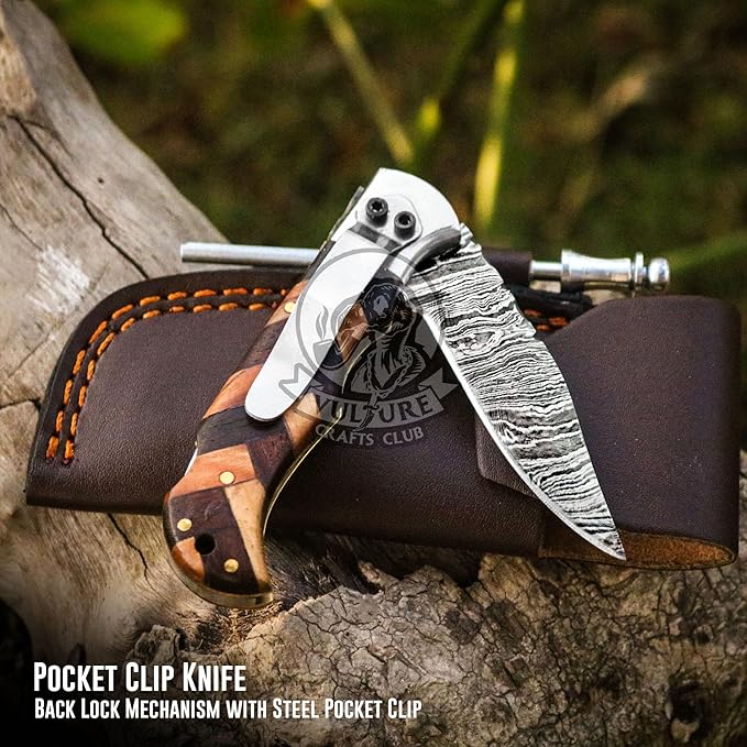 Damascus Pocket Knife for Men Handmade - 6.5 Inches Damascus Folding Knife with Sheath -Ideal for