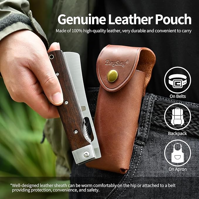 Folding Chef Knife with Leather Pouch 4.8" Sharp 440A Stainless Steel Blade Wooden Handle Pocket