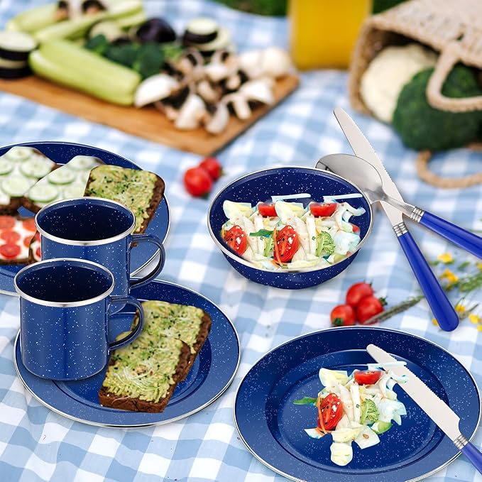 Nuogo 12 Pcs Enamel Camping Tableware Set Dinnerware Kit Includes 12 oz Coffee Mugs Camping Plates