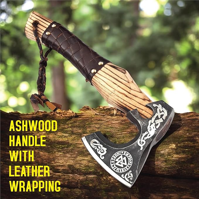 Viking Axe Ashwood Handle Handmade Carbon Steel Blade, Outdoor Camping Hunting, Norse Hatchets