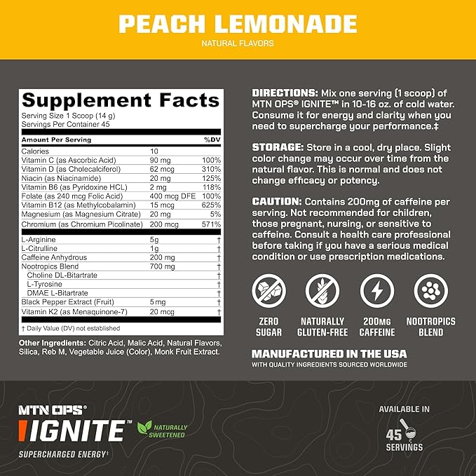 MTN OPS Ignite Energy Drink Powder, Naturally Gluten Free & Sweetened with Monk Fruit, Nitric Oxide