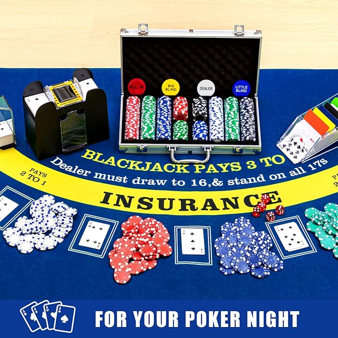 Aoriher Blackjack Casino Game Set, Include 300 Poker Chips, Casino Felt 1 Automatic Card Shuffler 6