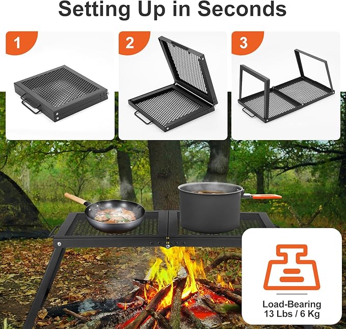 Odoland Folding Campfire Grill, Heavy Duty Steel Mesh Grate with Folding Legs and Storage Bag