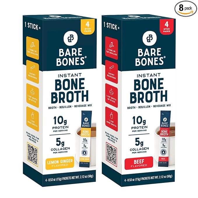 Bare Bones Bone Broth Instant Powdered Beverage Mix, Chicken & Beef, Variety Pack of 8, 4 Chicken &