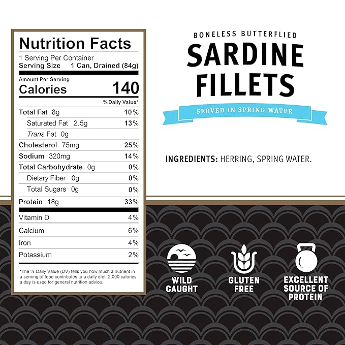 Brunswick Sardines in Spring Water, 3.75 oz Can (Pack of 12) - Boneless Butterflied Sardine Fillets