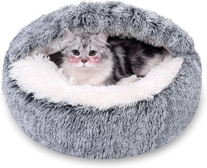 Calming Dog Beds & Cat Cave Bed with Hooded Cover,Removable Washable Round Beds for Small Medium