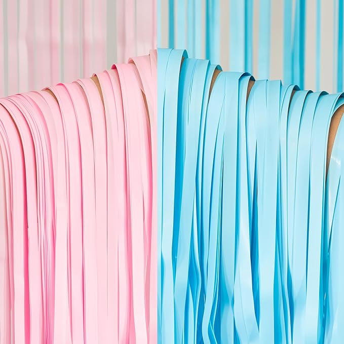 BRAVESHINE Tinsel Photo Backdrop Curtains - 2 Pack 3.2x8.2ft Pastel Pink Blue Foil Fringe Streamer