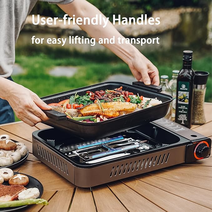 ONLYFIRE Butane Stove with Grill Pan, Portable Stove with Small Griddle & Lid, Camping Stove
