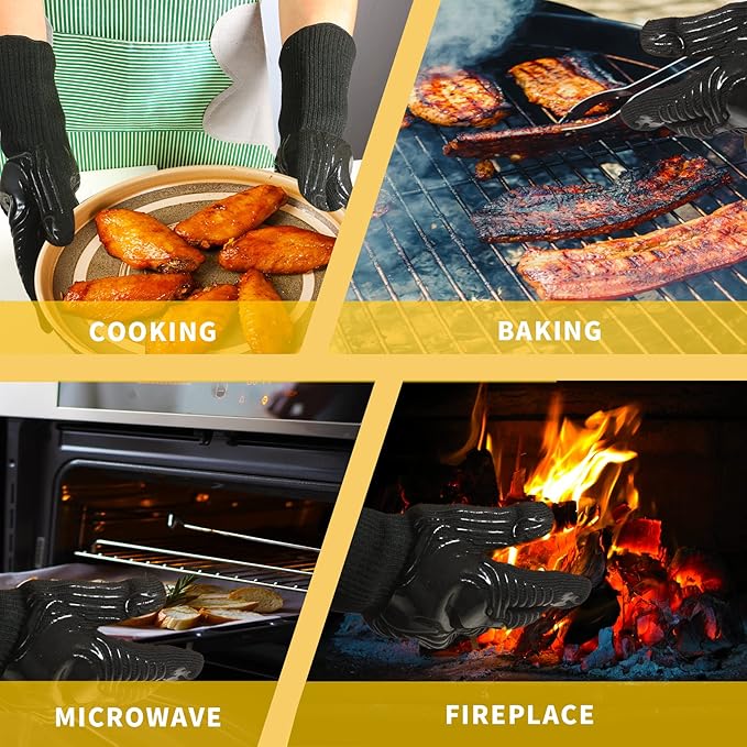 BBQ Gloves, 1472°F Heat Resistant Fireproof Mitts, Silicone Non-Slip Washable Oven Kitchen Gloves