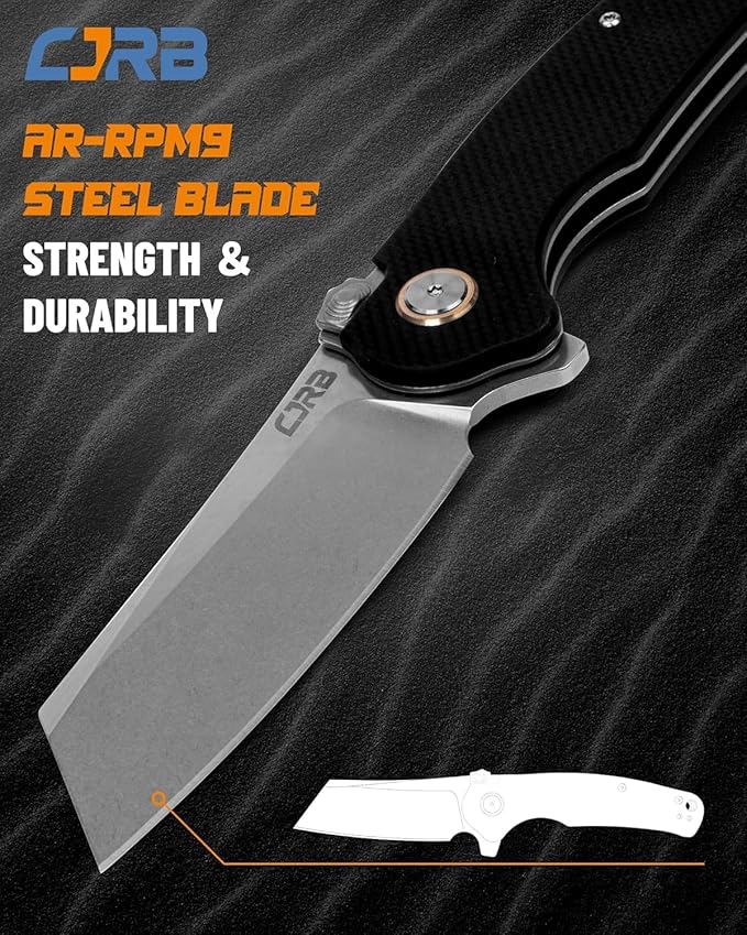 CJRB Crag Tactical Knife, Cleaver Pocket Folding Knife with Stonewash AR-RPM9 Steel Blade and G10