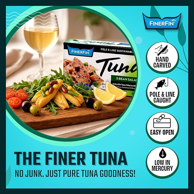 FinerFin Yellowfin Tuna In Organic Olive Oil ??3 Bean Salad Flavor (4.4oz can - 6 Pack); Premium