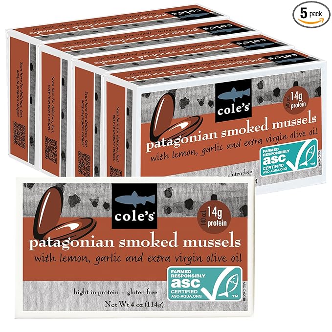 Cole?™s Patagonian Smoked Mussels Canned with Lemon & Garlic in Extra Virgin Olive Oil | 4oz