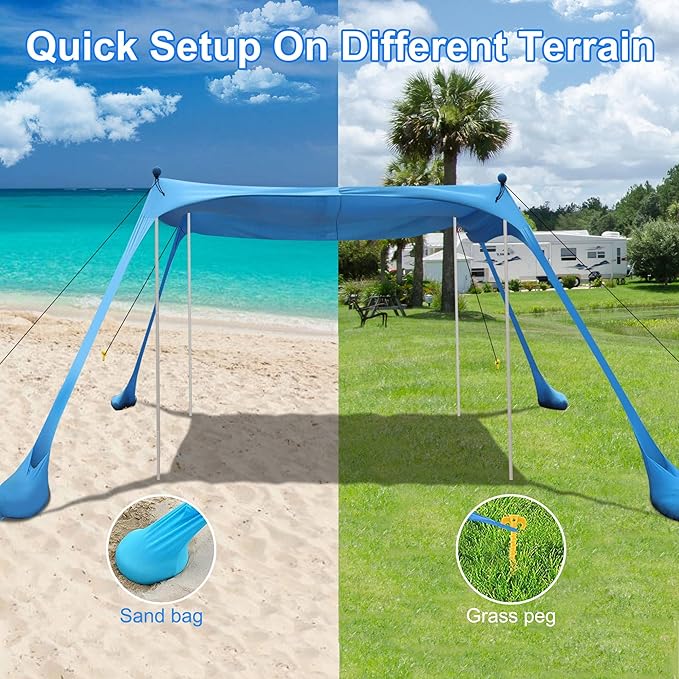 Beach Tent Sun Shelter with UPF 50+ UV Protection, Beach Canopy Sun Shade 11x11 FT with Sandbags