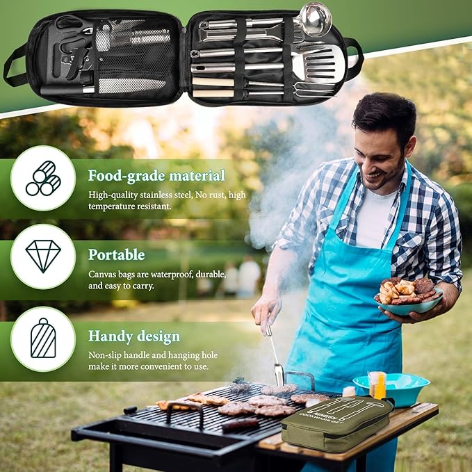 Camping Cooking Utensils Set, Stainless Steel Grill Tools, Camping BBQ Cookware Gear and Equipment