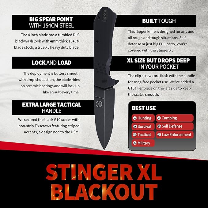 Off-Grid Knives - Stinger XL Folding Knife w. Spear Point Blade, Crucible 154CM Steel, G10 Scales
