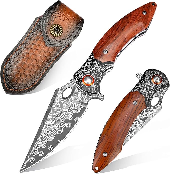 Damascus Pocket Knife, 3.27??Damascus Blade EDC Folding Knives with Guibourtia Wooden Handle